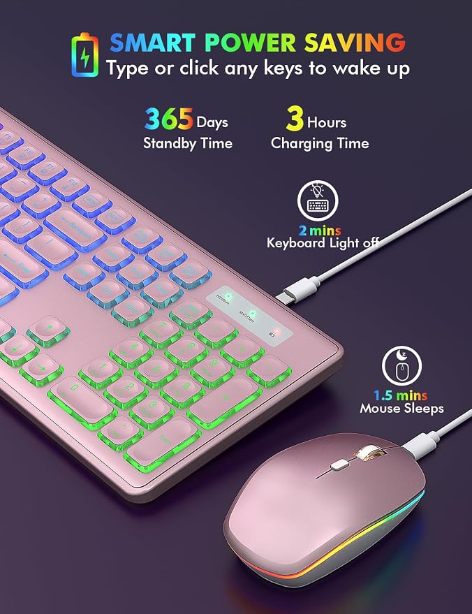 Wireless Keyboard and Mouse Combo, RGB Backlit, Trueque KM42Pro | RGB Rainbow Backlit, Rechargeable Keyboard Mouse, Sleep Mode, 2.4GHz Wireless, Silent Soft Typing, USB-C Adapter