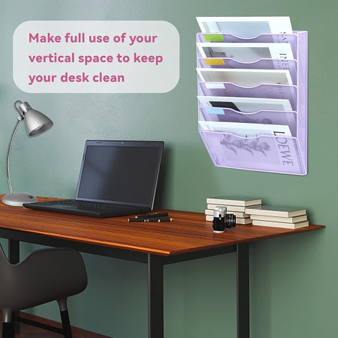 5 Pockets Mesh Wall File Holder Organizer Office Hanging File Folder Magazine Rack, Nametag Label Hooks Set Included (Purple)