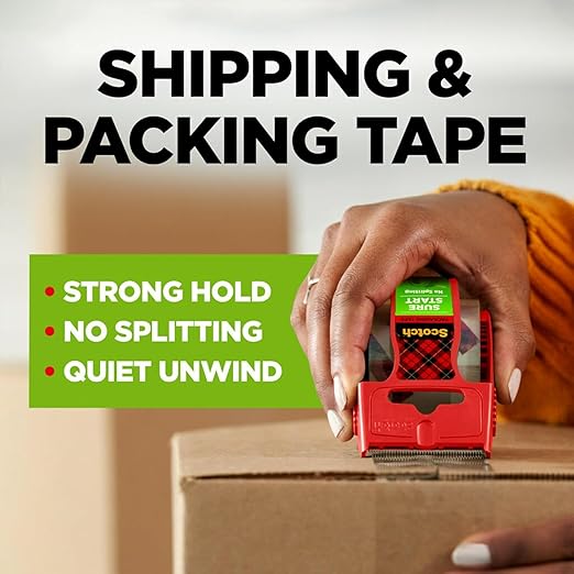 Scotch Sure Start Packing Tape, Clear, Quiet Unwind and Easy Start, Moving Supplies, 1.88 in. x 22.2 yd., 3 Tape Rolls with Dispensers