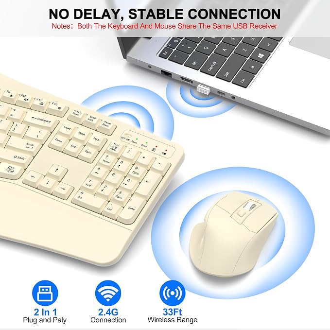 Wireless Keyboard and Mouse Combo, 2.4G Ergonomic Wave Keys (Latte) | Full Size Wave Keyboard with Wrist Rest, 3-Level DPI Adjustable Ergonomic Mouse for Windows and Mac OS Desktop/Laptop/PC