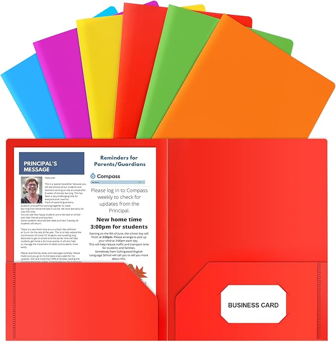HABGP Plastic Folders with Pockets, 6 Color Heavy Duty Two Pocket Folder Business Card Holder for Office High School