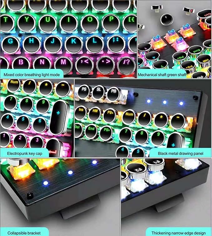 Retro Typewriter Mechanical Keyboard and Mouse Combo, Black with Blue Switch and 9 True RGB Backlight Modes, Cool Light Up for Gaming, Work, Mac, PC, Windows