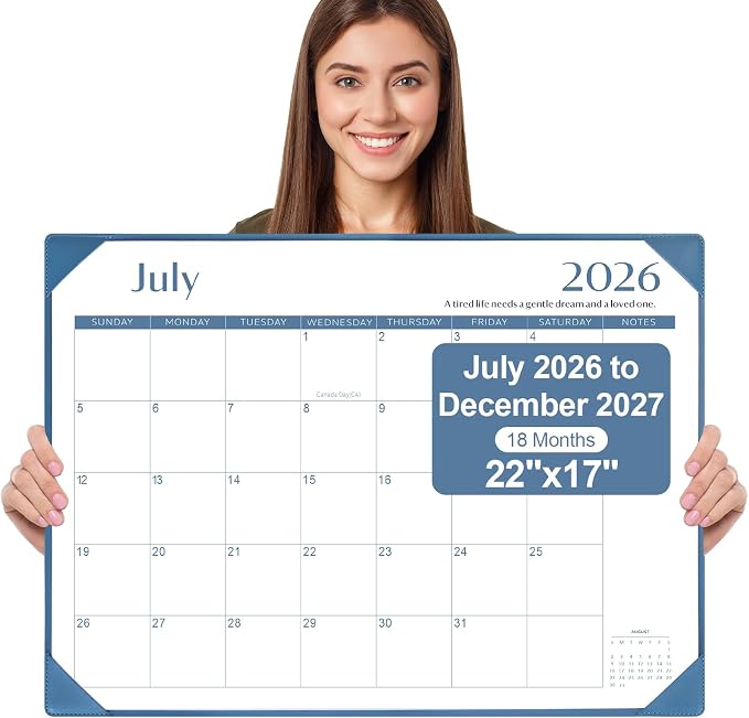Gannyfer Desk Calendar 2026-2027 with Desktop Mat, Simplified Large 22" x 17" Desktop Pad Calendar, 18 Month Desk Calendar 2026, Use from July 2026 to Dec 2027, Office Supplies Perfect for Home School and Office - Blue