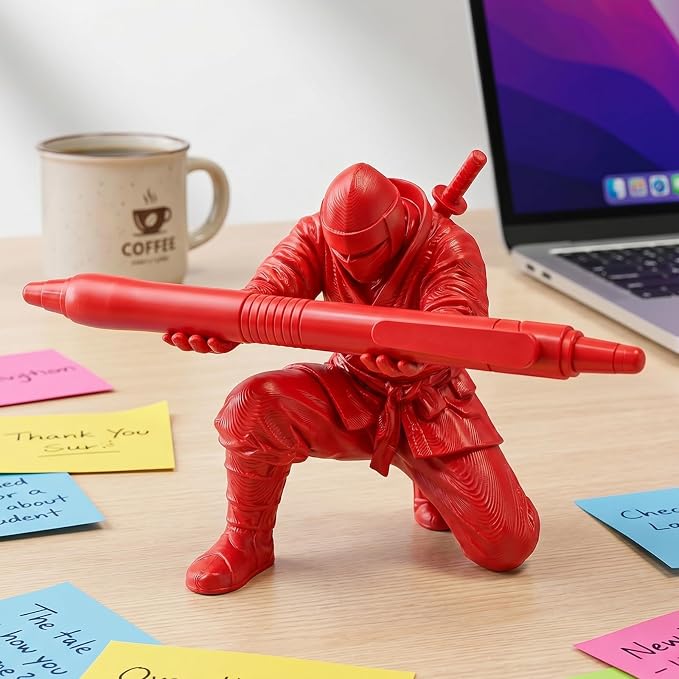 3D Printed Ninja Pen Holder - Cool Ninja Figurine Pen Stand, Decorative Desk Organizer for Office & Home (red)