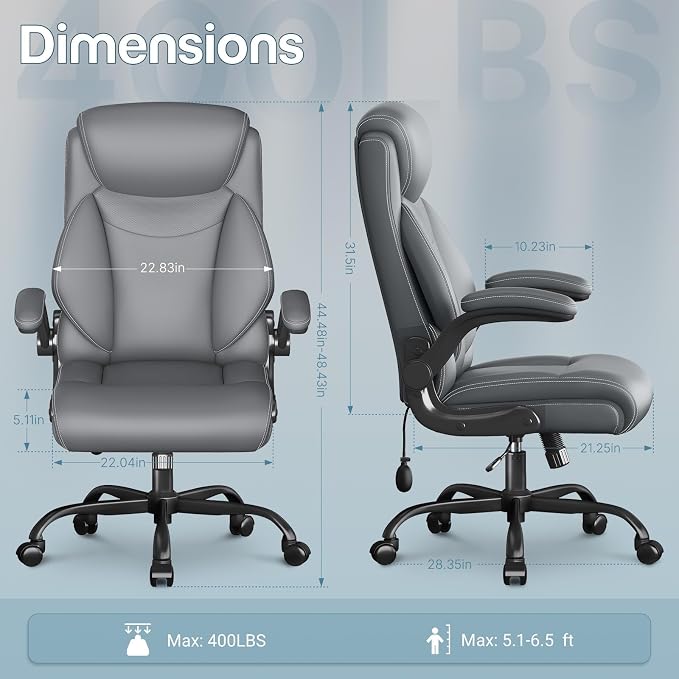 Ergonomic Office Chair, Big and Tall Office Chair, Executive Chair- Padded Leather Comfy Chair with Adjustable Lumbar Support & Flip-Up Arms, Rocking Swivel Chair for Home Office,Gray