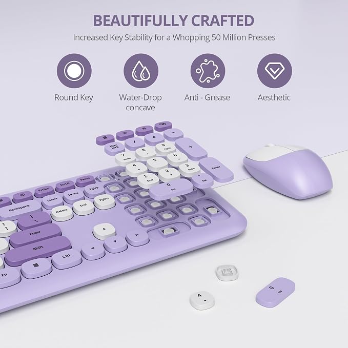 surmen Purple Keyboard and Mouse Wireless, Cute Wireless Typewriter, Full Size Slim Silent Round Keys Aesthetic Keyboard for Home and Office(Colorful Purple)