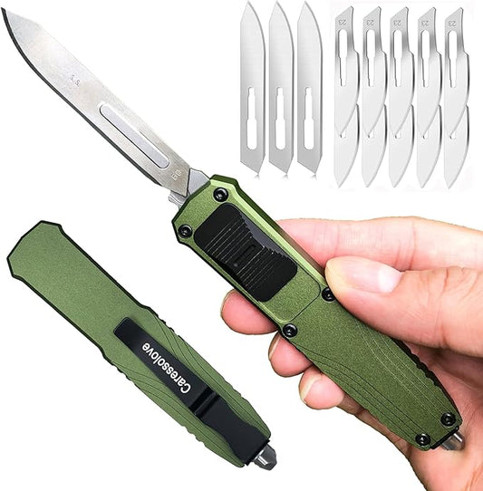 EDC Retractable Scalpel Knife, Fast Open Automatic Utility Knife, Auto Box Cutter with 10PCS #23 and 3PCS 0.4mm thick #60 Scalpel Blades