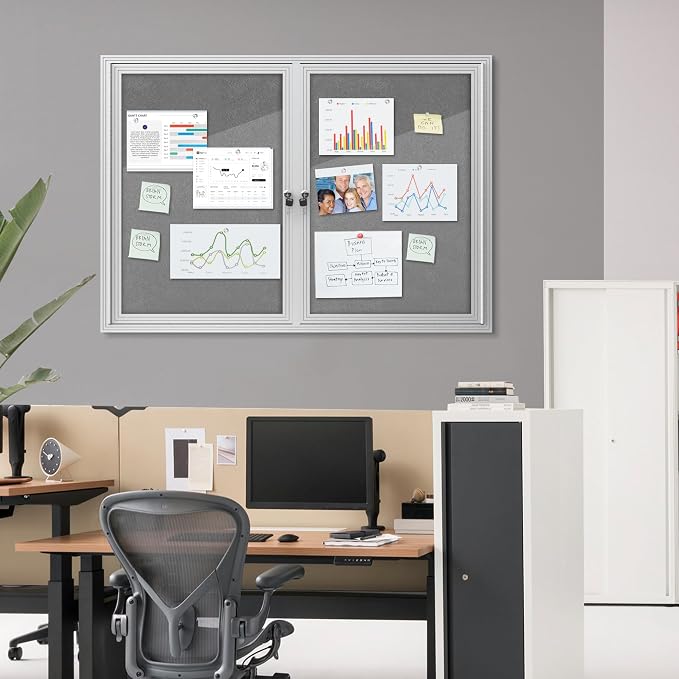 Mifuro 48"x34" Enclosed Bulletin Board, Outdoor Lockable Weather-Resistant Aluminum Cork Noticeboard for School & Office, Silver Frame w/Grey Flet