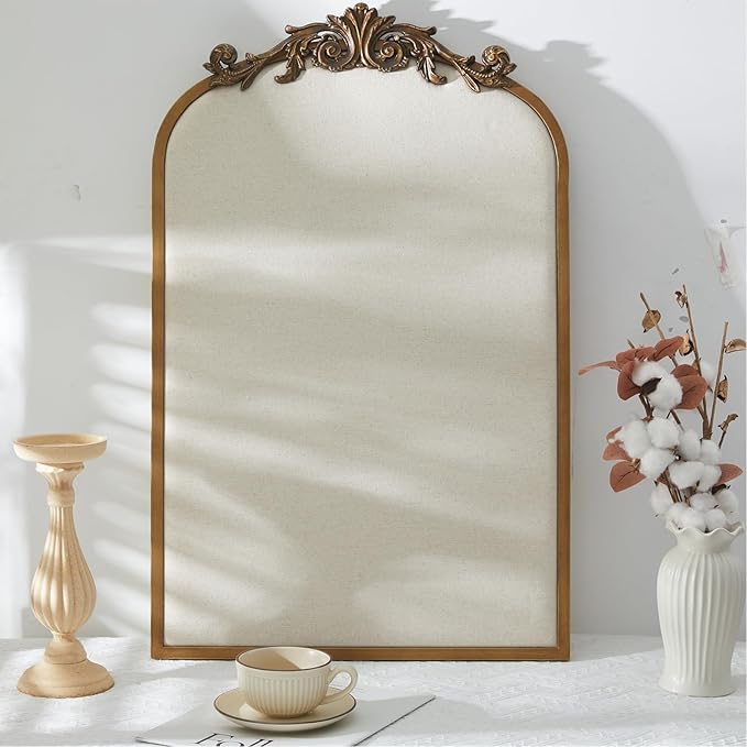 Vintage Framed Pin Board Linen Display Bulletin Board Large Ornate Fabric Picture Photo Pinboard Memo Decorative Prayer Pinboard Ornate for Wall Gift(Arch,19" X 31",Retro Golden)