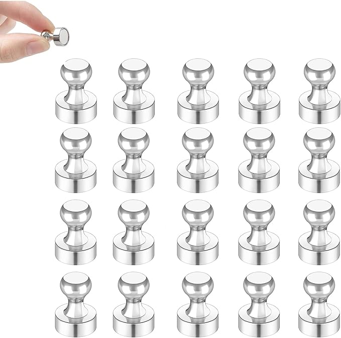 Strong Fridge Magnets, 20 Pcs, 12 x 16mm, Silver, Heavy Duty Magnetic Push Pins for Refrigerator, Whiteboard, Office, Classroom, Kitchen & Locker Decor