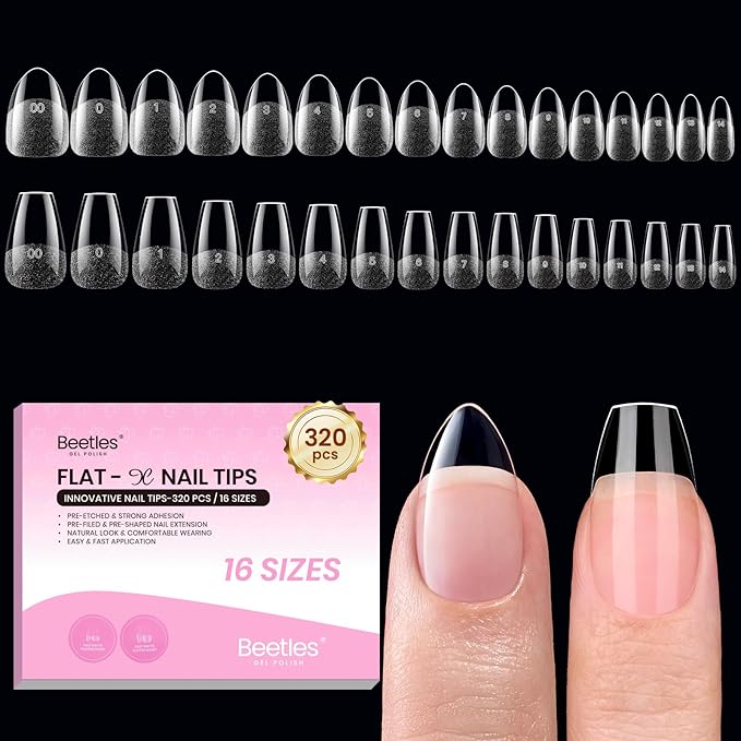 Beetles Gel Nail Tips Flat-X - Almond Coffin Short, 320pcs 16 Sizes, Pre-Etched Half Matte Full Cover Soft Acrylic Press on Easy DIY False Nail Extension Salon for Flat & Natural Nail Beds