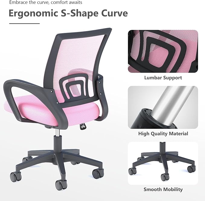 Home Office Chair, Ergonomic Mid-Back Mesh Desk Chair with Lumbar Support, Adjustable Swivel Rolling Design, Comfy Armrest for Work, Study, Gaming, Vanity, Pink