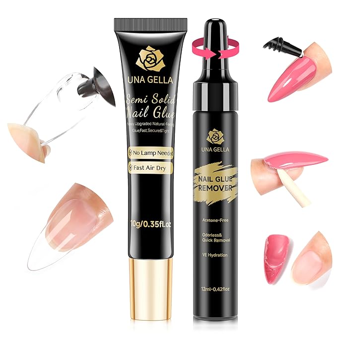UNA GELLA Lamp-Free Semi Solid Nail Glue for Press Ons: 10ml and Soak Off Gel Nail Glue Remover for False Acrylic Nails 12ml, Super Strong G lue Quick Removal Kit