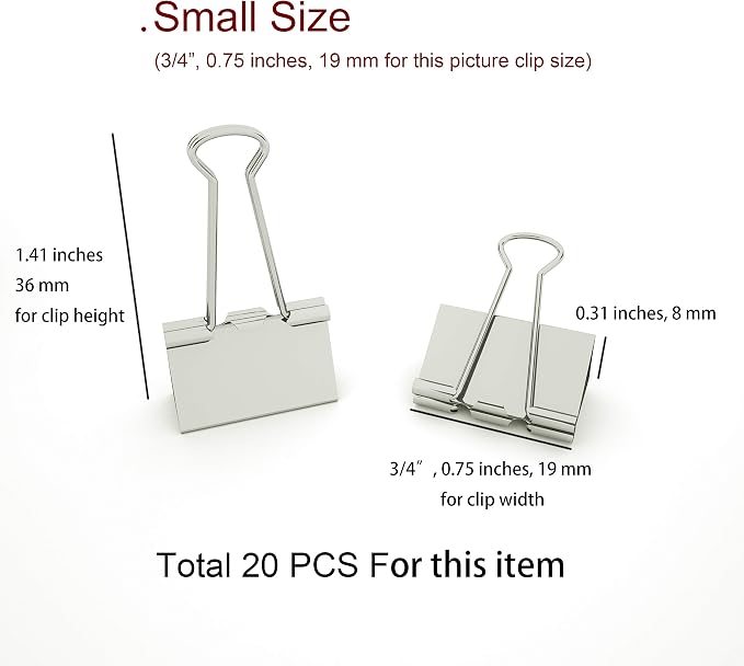 Nctinystore Binder Clips Small Metal Clamp - 3/4 in (0.75 inch) (Silver, 20 - Count)