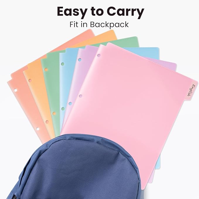 Sooez Plastic Folders with Pockets and Tabs, 6 Pack Pocket Folders with Writable Label Stickers, Fits 3-Ring Binder, Holds Letter/A4 Size Paper, Back to School Office Filing Supplies, Pastel Colors