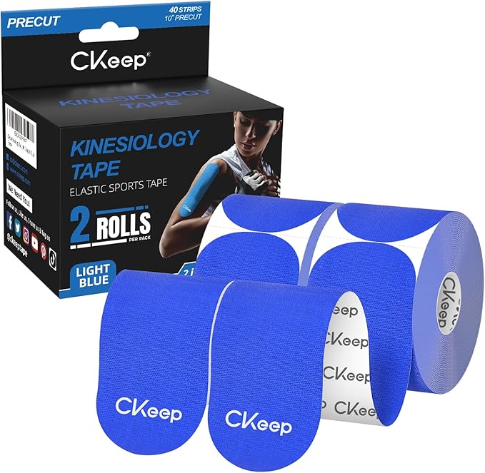 CKeep Kinesiology Tape, 2 Rolls Cotton Latex Free Hypoallergenic Elastic Precut Strips, 2 Inch Wide Waterproof Athletic Tape for Knees Pain Injuries Sprains, Blue