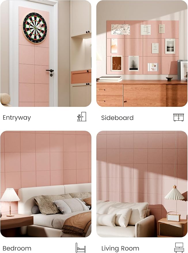Bumusty 48" x 36" Large Cork Board Alternative, Pink | 12-Pack Felt Bulletin Board Tiles, 60 Adhesive Tabs, 30 Pushpins, Home, Office, Classroom, Vision Board
