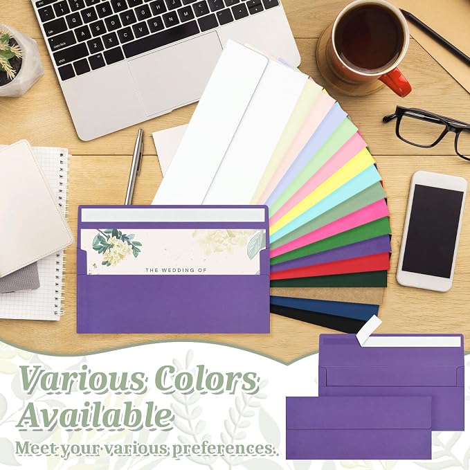 50 Pcs Purple #10 Business Envelopes, Self Seal Standard Envelopes, Windowless Business Mailing Envelopes for Office, Checks, Letters, Invoices, Statements, Wedding, 4-1/8 x 9-1/2 inch