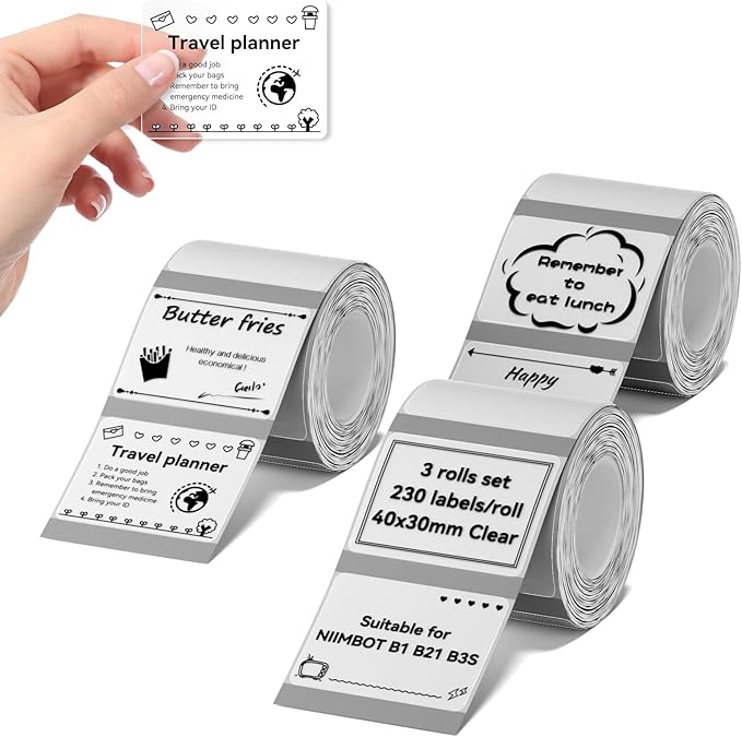 NIIMBOT Labels for B1/B2/B21/B31/B3S/K3 Sticker Printer, 40x30mm, Clear | 3 Rolls Set, 1.57'' x 1.18'', 230 Labels/Roll, Refill Labeling Tape for Home School Office Small Business