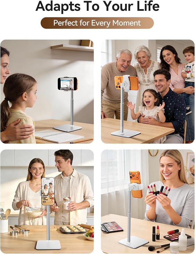 tounee Phone Stand for Desk, 8-11" Height Adjustable Cell Phone Holder for Live Streaming, Video Recording, TikTok – Compatible with iPhone 17/16/15, Samsung, All 4-7" Smartphones -White