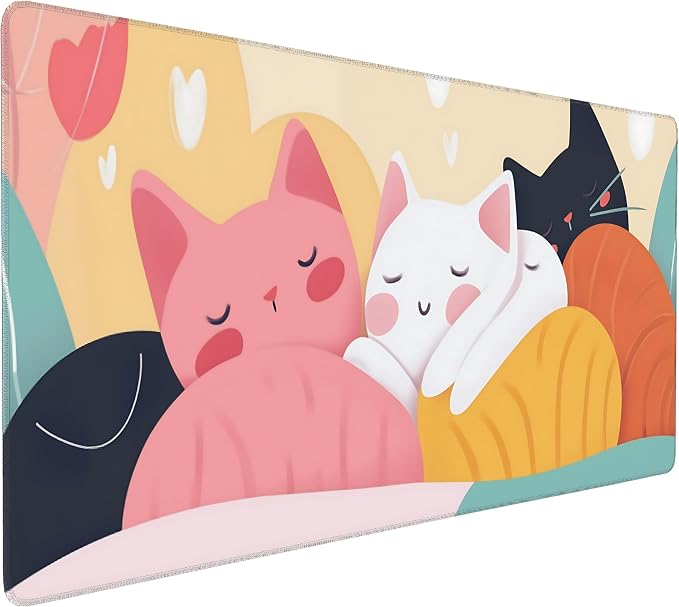 Cute Anime Cats Gaming Mouse Pad, Colorful Pop Art Desk Mat with Anti-Slip Base & Stitched Edges, Office & Home Desk Decor for Women, 35.4" x 15.7" in Computer Desktop Mat