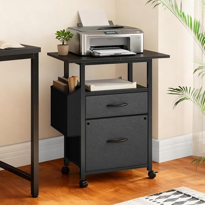 Simple Deluxe 2 Drawer File Cabinet with 24" Extended Desktop, Mobile Filing Cabinet, Rolling File Cabinet with Side Bag, Fabric Drawer, Fits A4/Letter Size, Printer Stand Home Office, Black