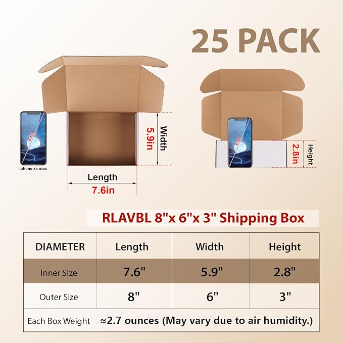 RLAVBL 8x6x3 Inches Shipping Boxes Set of 25, White Small Corrugated Cardboard Box, Mailer Boxes for Packing Small Business