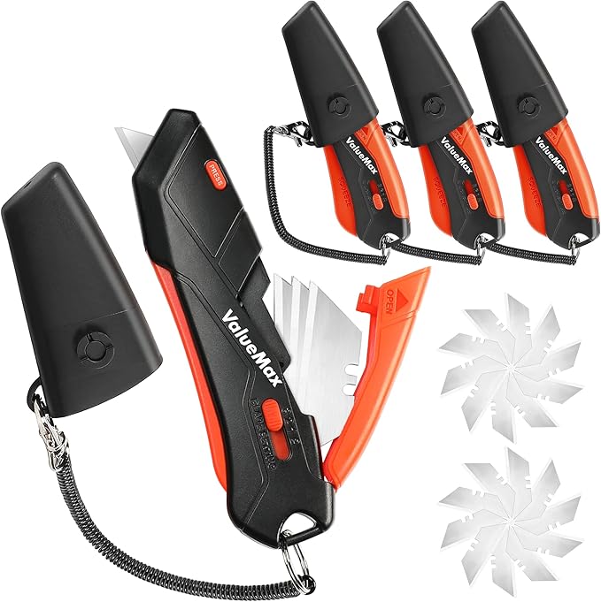 ValueMax 4-Pack Box Cutter Knife, Cardboard Cutter with Self-Retracting 3-Position Locking Blade, Safety Sheath, Lanyard, 36 Blades Included, Blade Storage Design, for Cartons, Cardboard and Boxes