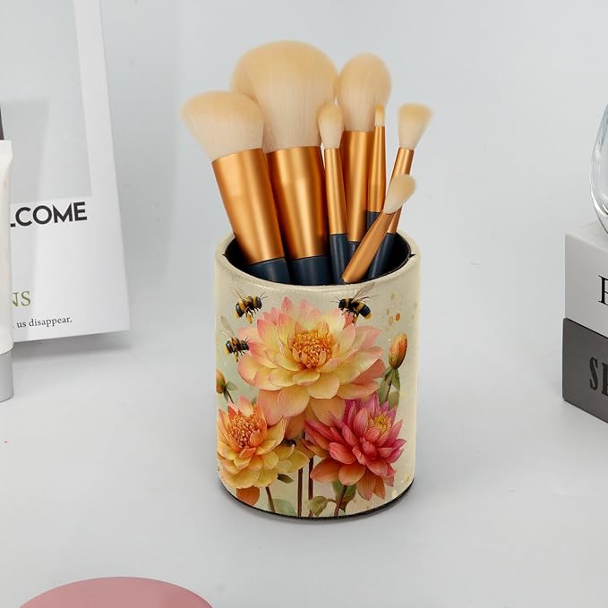 Leather Pen Holder for Desk, Watercolor Floral Pencil Cup Pen Organizer Makeup Brush Holder for Office Home Kids Countertop Desk Accessory Storage