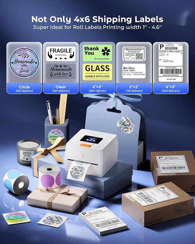 Phomemo Thermal Label Printer with Touchable Screen, 4x6 Bluetooth Shipping Label Printer with Built-in Label Holder, D420D White Thermal Printers for Small Business, Compatible with USPS, Tiktok