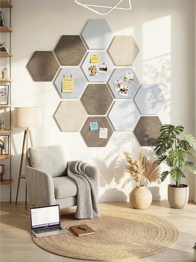 8 Pack Hexagon Felt Bulletin Board Tiles - 12" Large Thick Pin Board for Walls with 30 Push Pins, DIY Boards for Office Home School Decor, Aesthetic Hex Cork Board Alternative