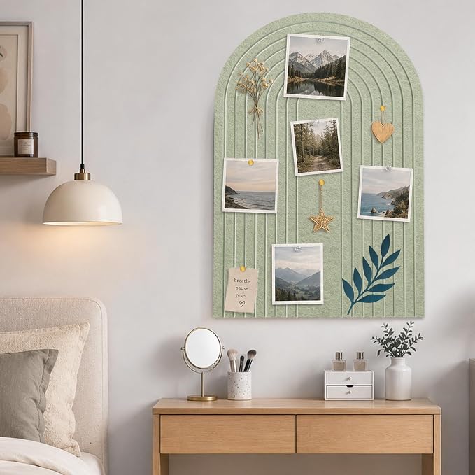 Large Arched Felt Bulletin Board, Sage Green Stylish Sized 36" x 24" Cork Board Alternative with Grooved Pin Board for Office & Wall, 3 Foldable Customizable Adhesive Tiles with Pins for Photo Display