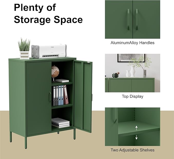 Washsemba Metal Storage Cabinet with Doors and Shelves,Multipurpose Storage Rack, 3-Tier Shelf,Metal Locker Style Accent Cabinet for Home Office,Living Room,Kitchen (Forest Green, 40''H)
