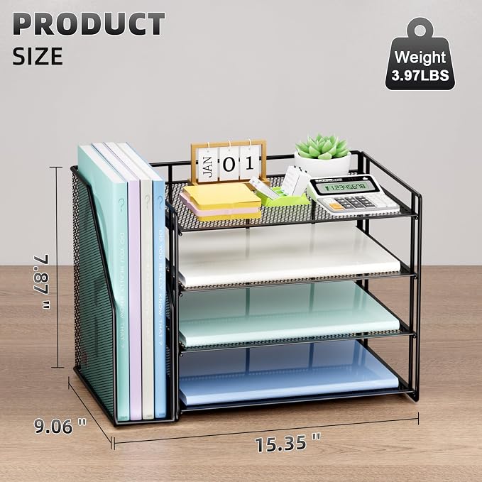 Marbrasse 4-Tier Paper Tray Organizer with File Holder, Black | Sturdy Paper Tray, Built-in File Holder, fits Letters/Docs, Saves Desk Space, for School/Office/Home
