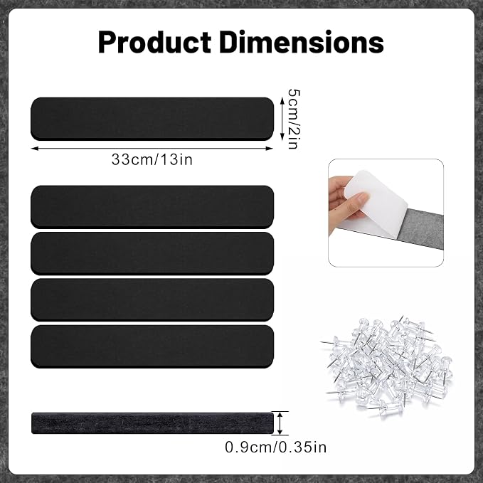 5 Pack Felt Bulletin Board Strips, 13x2 Inch Pin Board, Cork Boards | Self Adhesive, Includes 30 Pushpins, High-Density, Lightweight, for Wall Organiser, Home School Office Decor (Black)