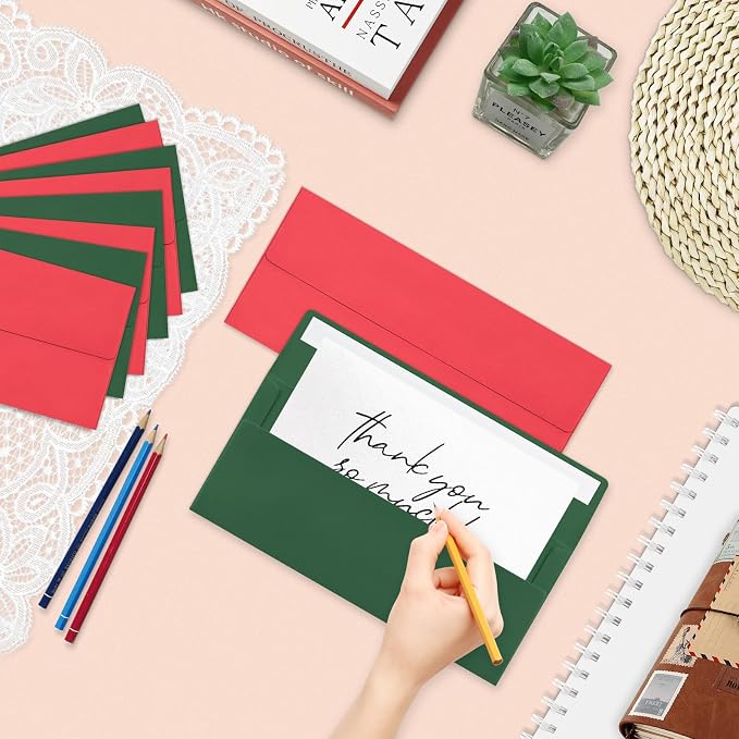 100 Pcs Christmas #10 Business Envelopes, 50 Pcs Red and 50 Pcs Dark Green Standard Envelopes Self Seal, Letter Size Mailing Envelopes for Birthday Graduation Wedding, 4 1/8 x 9 1/2 Inch