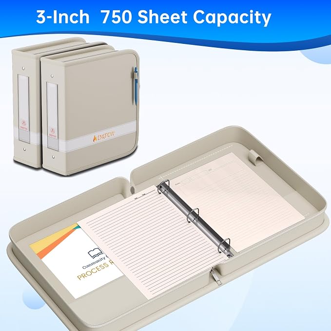 ENGPOW 3 Ring Binder,Fireproof 3" D Ring Organizer with Zipper & Pockets | Holds 750 Sheets,Non-Stick,PVC-Free,Compatible with Sheet Protectors,Durable School Office Home Safe Storage for Paper,Beige
