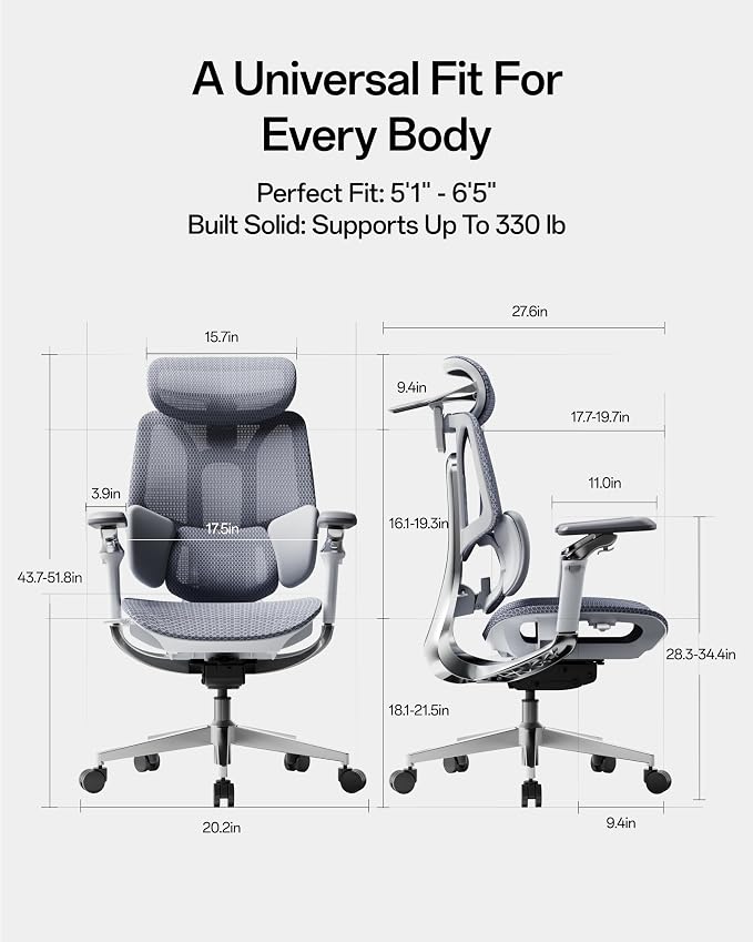 Hbada E3 Pro 2026 Edition Ergonomic Office Chair, Mesh Desk Chair with 3-Zone Floating Lumbar Support, Upgraded 4D Headrest, 720° Armrests, Grey