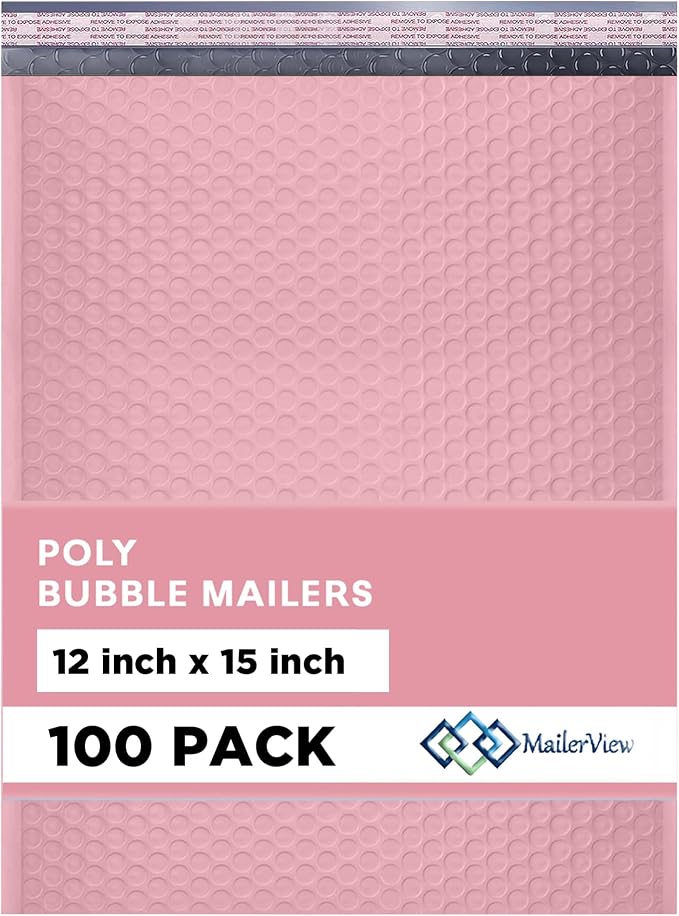 Light Pink Bubble Mailers 12x15, Self Seal Poly Padded Envelopes, 100 Pack | Holds Clothing & Bulk Items, No Tape Needed, Cushioned Protection, Water-Resistant Poly, Bulk Pack for Small Business