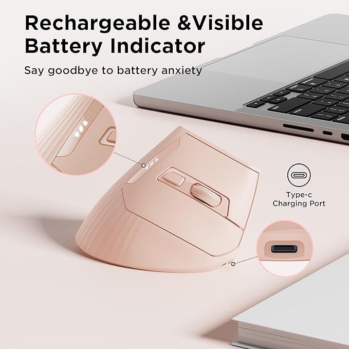 Uineer Vertical Ergonomic Mouse, Wireless Bluetooth Mouse, 3-Device,Quiet | Switch among 3 devices; side scroll wheel supports horizontal navigation for documents and spreadsheets.