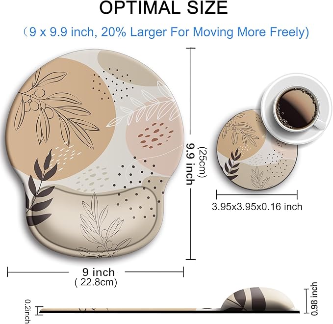 Ergonomic Mouse Pad with Wrist Support Rest,Large Mousepad Gel Wrist Rest, with Coaster Non-Slip & Pain Relief for Computer, Desk, Home&Office-Boho Leaves