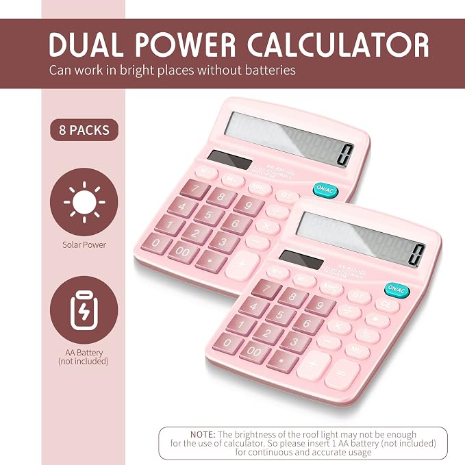 8 Pack Calculator Bulk, 12 Digits Calculators Desktop Solar and Battery Dual Power Large LCD Display and Sensitive Button Handheld for Office, School (Pink)