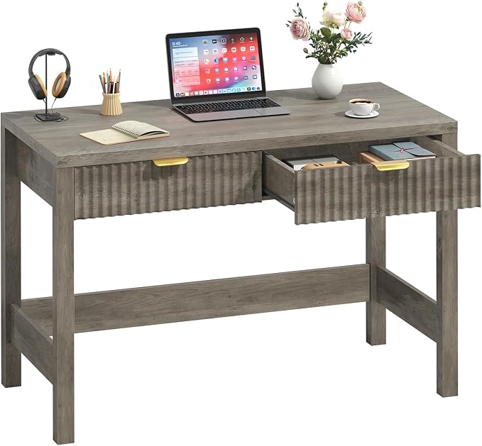 39 Inch Small Fluted Computer Desk with 2 Drawers for Bedroom, Home Office | Small Computer Desk with Storage, Compact Writing Study Desk for Small Spaces, Grey