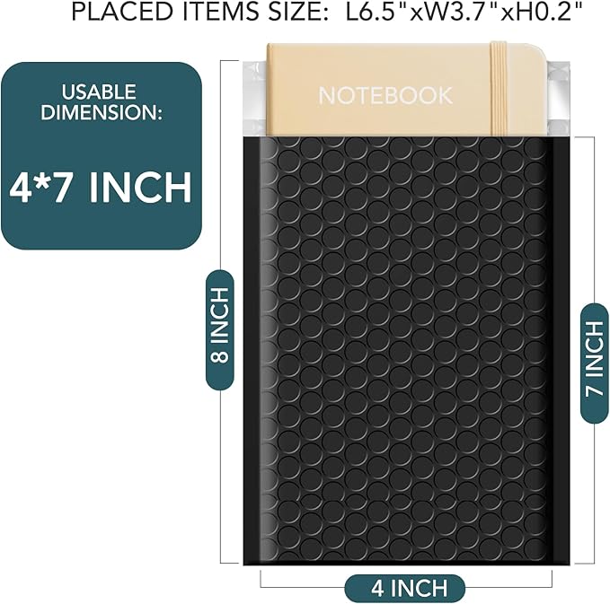Metronic 4x8 Inch Bubble Mailer 50 Pack,Black Bubble Mailers, Waterproof Self Seal Adhesive Shipping Bags,Padded Envelopes for Shipping, Mailing, Packaging, Bulk #000, Bubble Mailers Usable Size 4x7