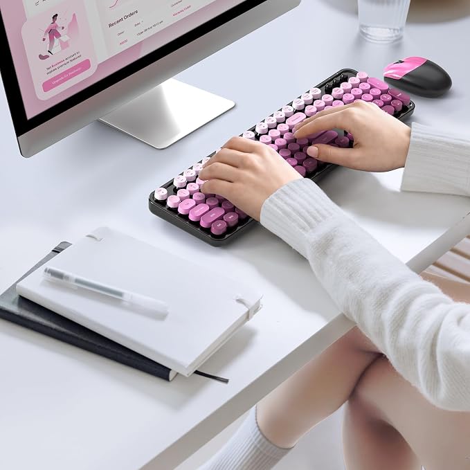 MOFII Wireless Computer Keyboard and Mouse Combo, Typewriter Full Size Keyboard with Number Pad and 2 in 1 USB Connected Mouse for PC Laptop Desktop Windows 7 8 11, Black & Pink