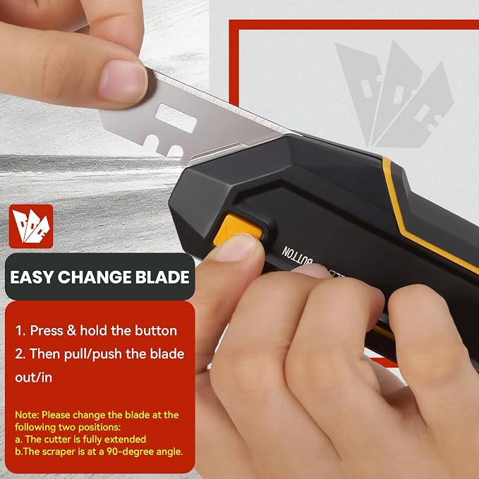 PINOZE Utility Knife Scraper, 3-in-1 Retractable Box Cutter with Lanyard & Blade Storage, Heavy Duty Zinc Alloy Multi-functional Knife with 10pcs SK2 Blades, EDC Tool for Home, Office, DIY