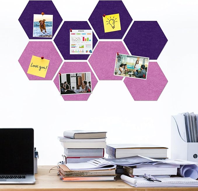 Large Hexagon Felt Cork Board Tiles, Self Adhesive DIY Felt Bulletin Board Pin Board with 35 Pushpins for Office School Home Wall Decor(Purple+Light Purple)