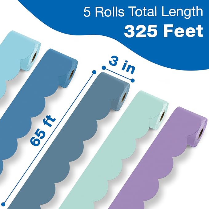 Carson Dellosa Nature Bulletin Board Borders - 325ft Soothing Blues, Lilac Calming Classroom Décor, Teacher Supply, School, Office Cork or Whiteboard, Wall, Locker, Party Decoration 5 Pack