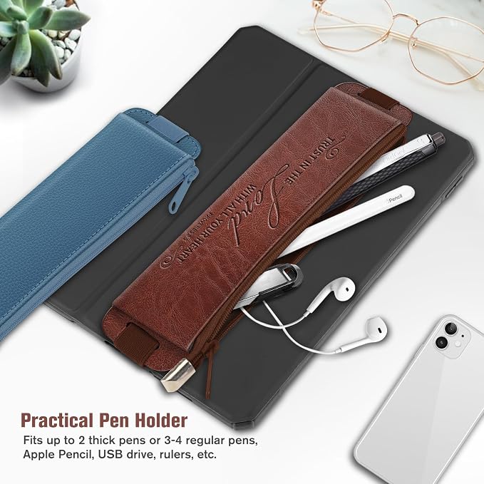 FINPAC 2-Pack Elastic Pen Holder for Notebook Leather Pen Holder | Stationery Zipper Bag for Pencils, Pen Pouch with Elastic Band for Bible Journaling, Planners, Tablets, brown