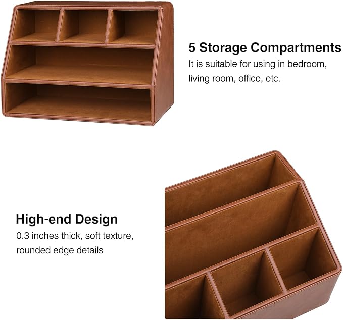 PU Leather Desk Organizer, Remote Control Holder, Brown | Luxury Nightstand Organizer for Home, Office Desk Accessories, Bedside Table Caddy with 5 Compartments, Velvet Lining